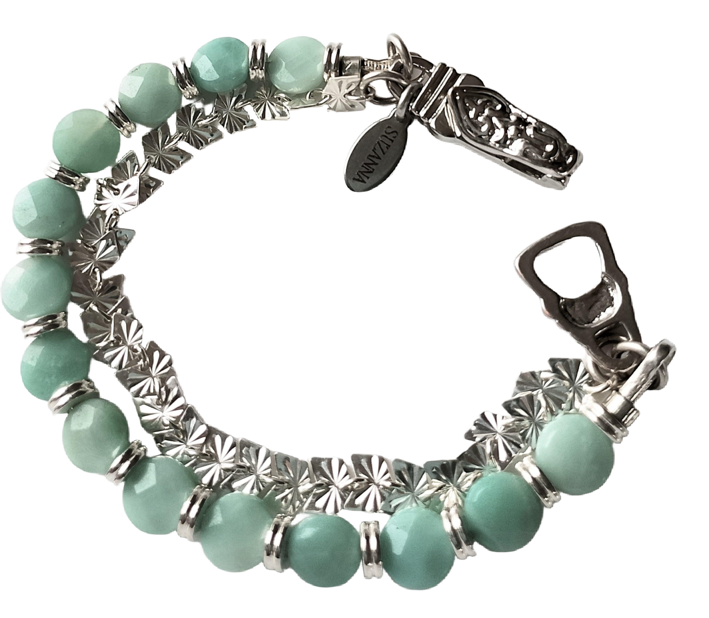 Amazonite Faceted Coin Bead & Sterling Silver Butterfly Chain Two-Strand Bracelet