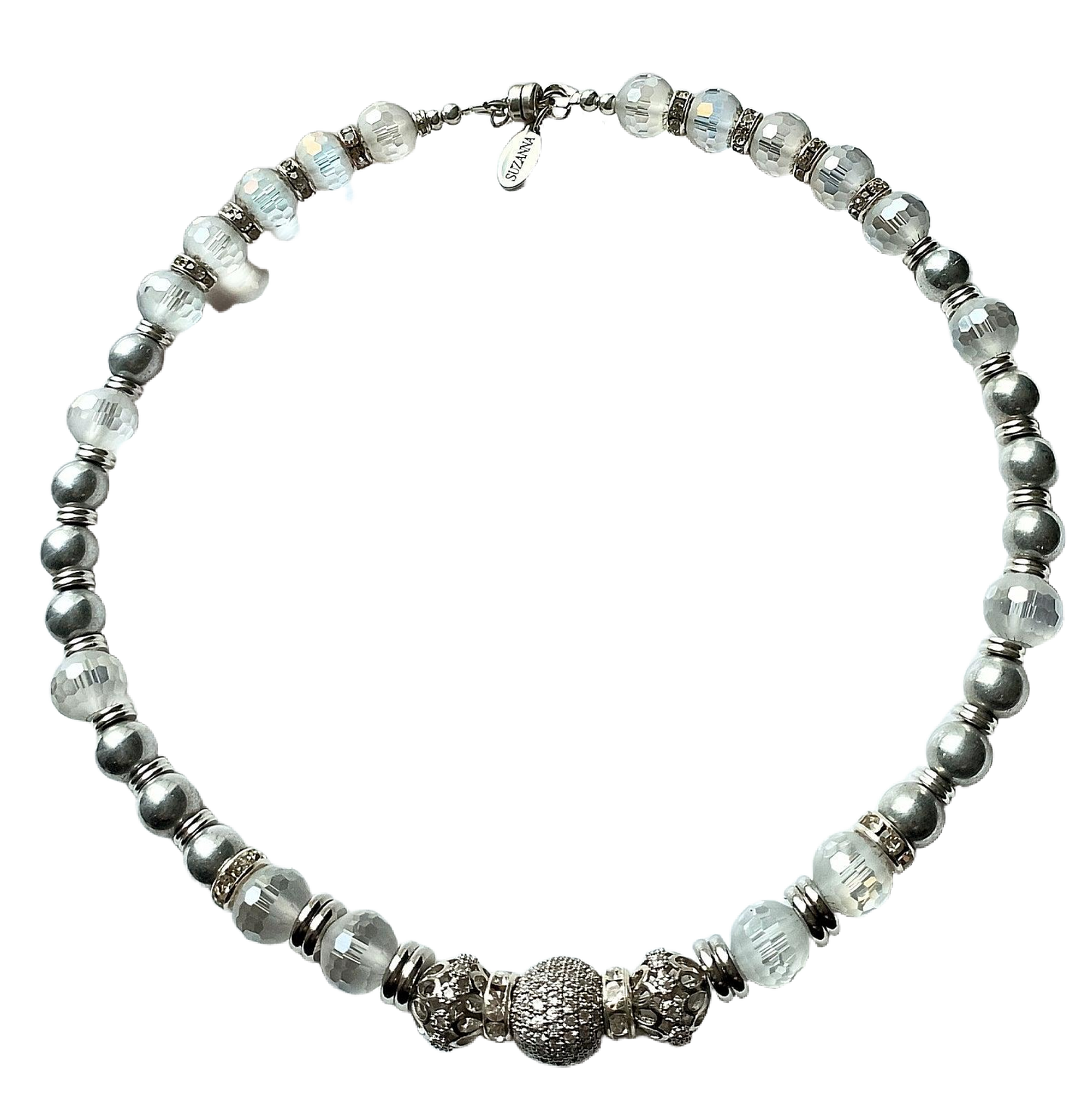 Czech Glass Silver Druk Beads, Faceted Frosted Glass Beads, Rhinestones & Pave Focal Convertible Choker Necklace/Wrap Bracelet