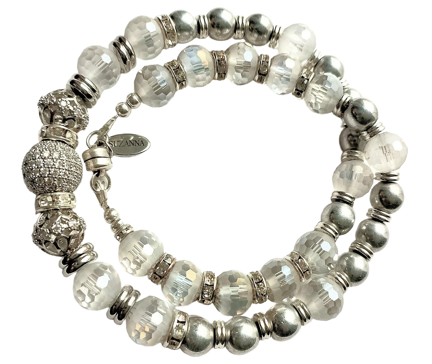 Czech Glass Silver Druk Beads, Faceted Frosted Glass Beads, Rhinestones & Pave Focal Convertible Choker Necklace/Wrap Bracelet