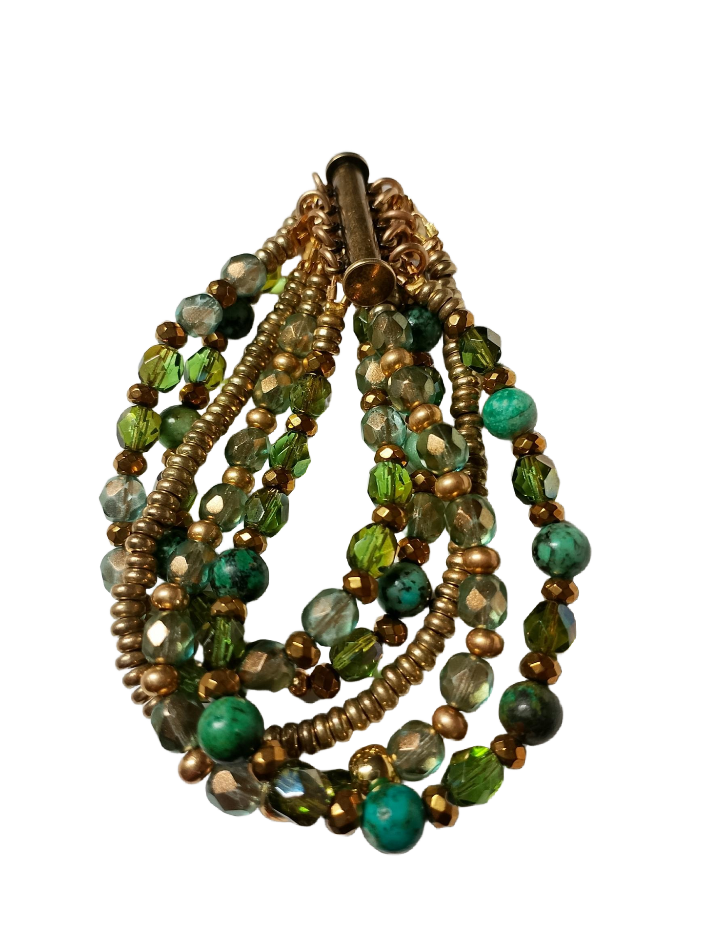 African Turquoise, Czech Glass, and Brass Heishi Five -Strand Bracelet