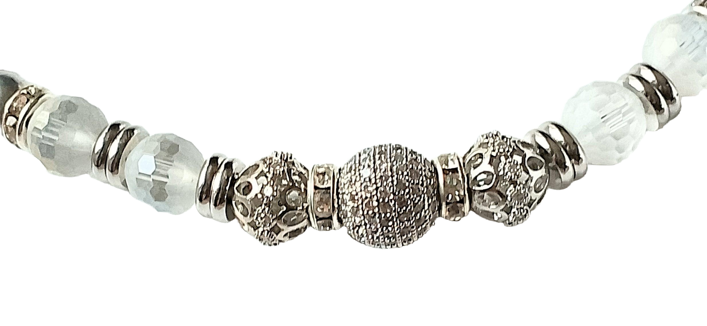 Czech Glass Silver Druk Beads, Faceted Frosted Glass Beads, Rhinestones & Pave Focal Convertible Choker Necklace/Wrap Bracelet