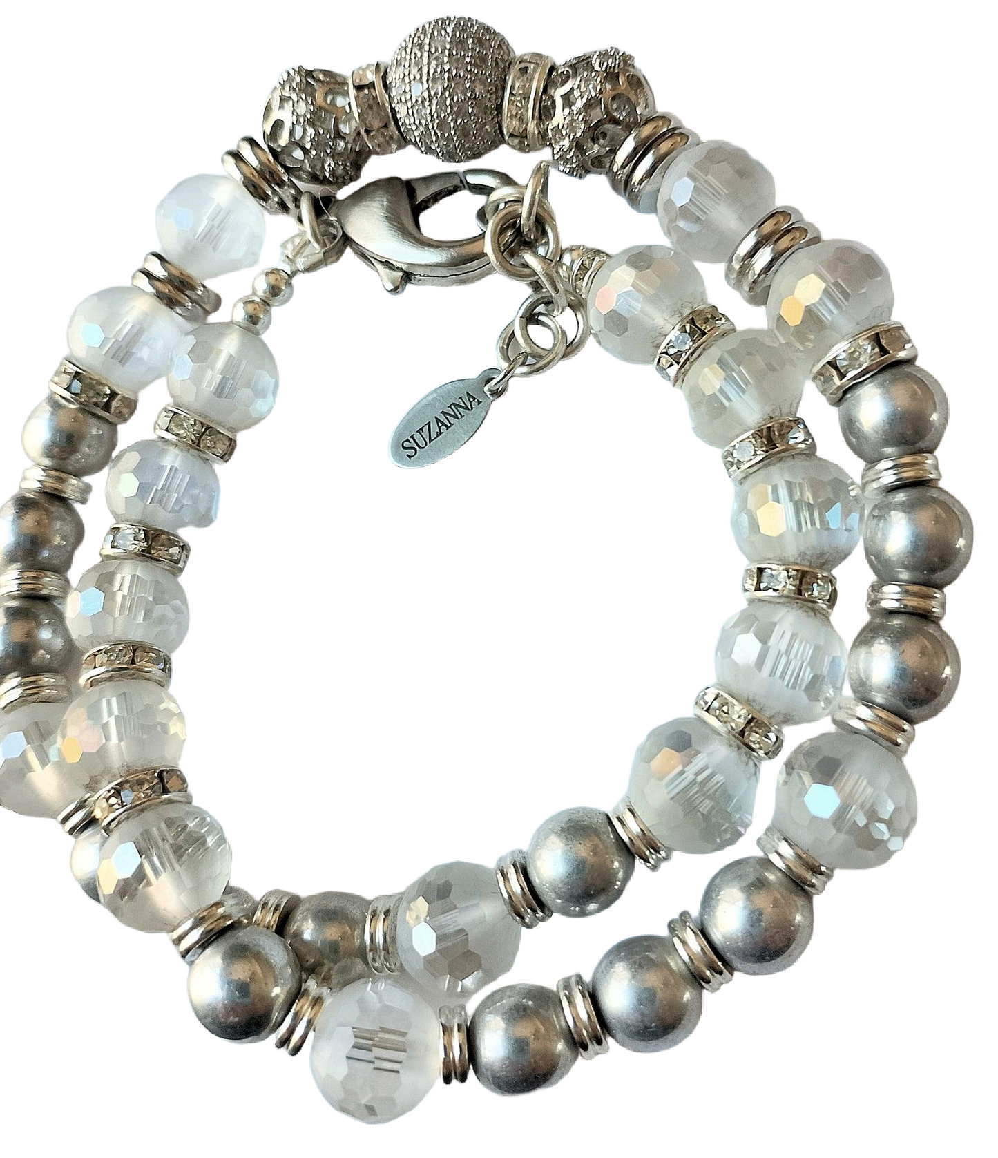 Czech Glass Silver Druk Beads, Faceted Frosted Glass Beads, Rhinestones & Pave Focal Convertible Choker Necklace/Wrap Bracelet