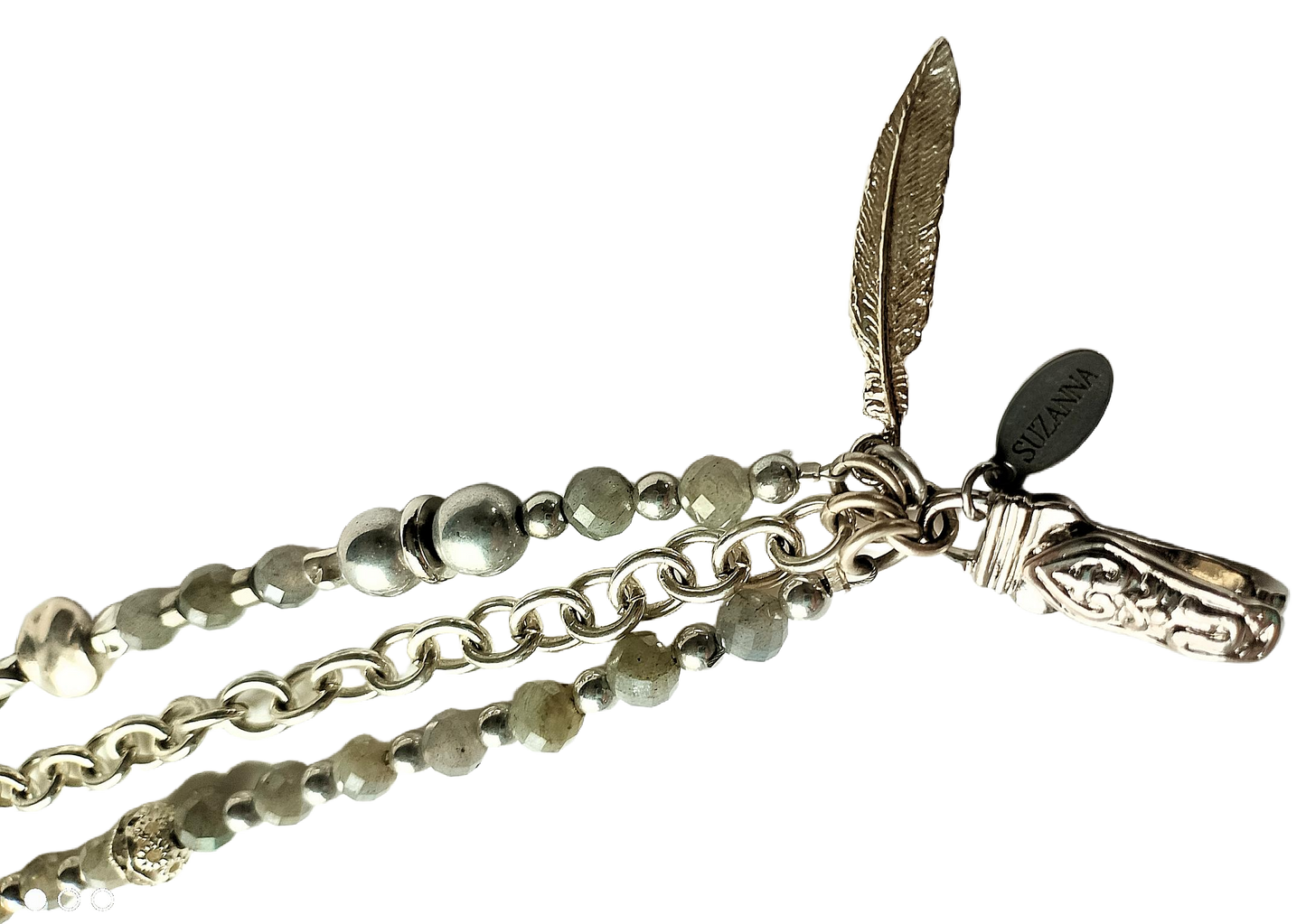 Faceted Labradorite, Silver Druk Czech Glass Beads. Silver Chain & Sterling Silver beads Three-Strand Bracelet