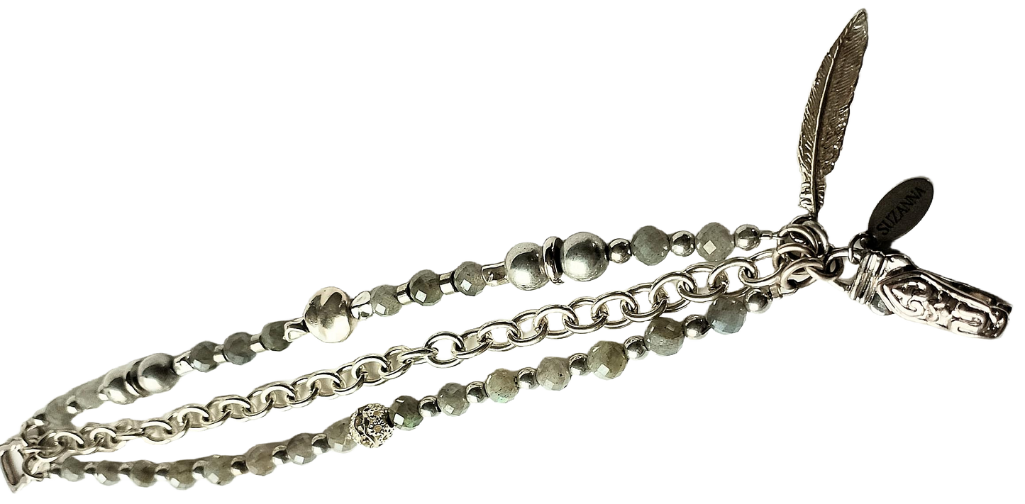 Faceted Labradorite, Silver Druk Czech Glass Beads. Silver Chain & Sterling Silver beads Three-Strand Bracelet