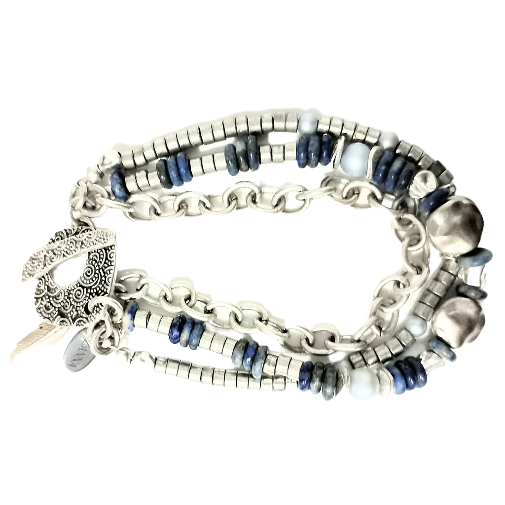 Denim Lapis Lazuli & Silver Heishi Three-Strand Bracelet
