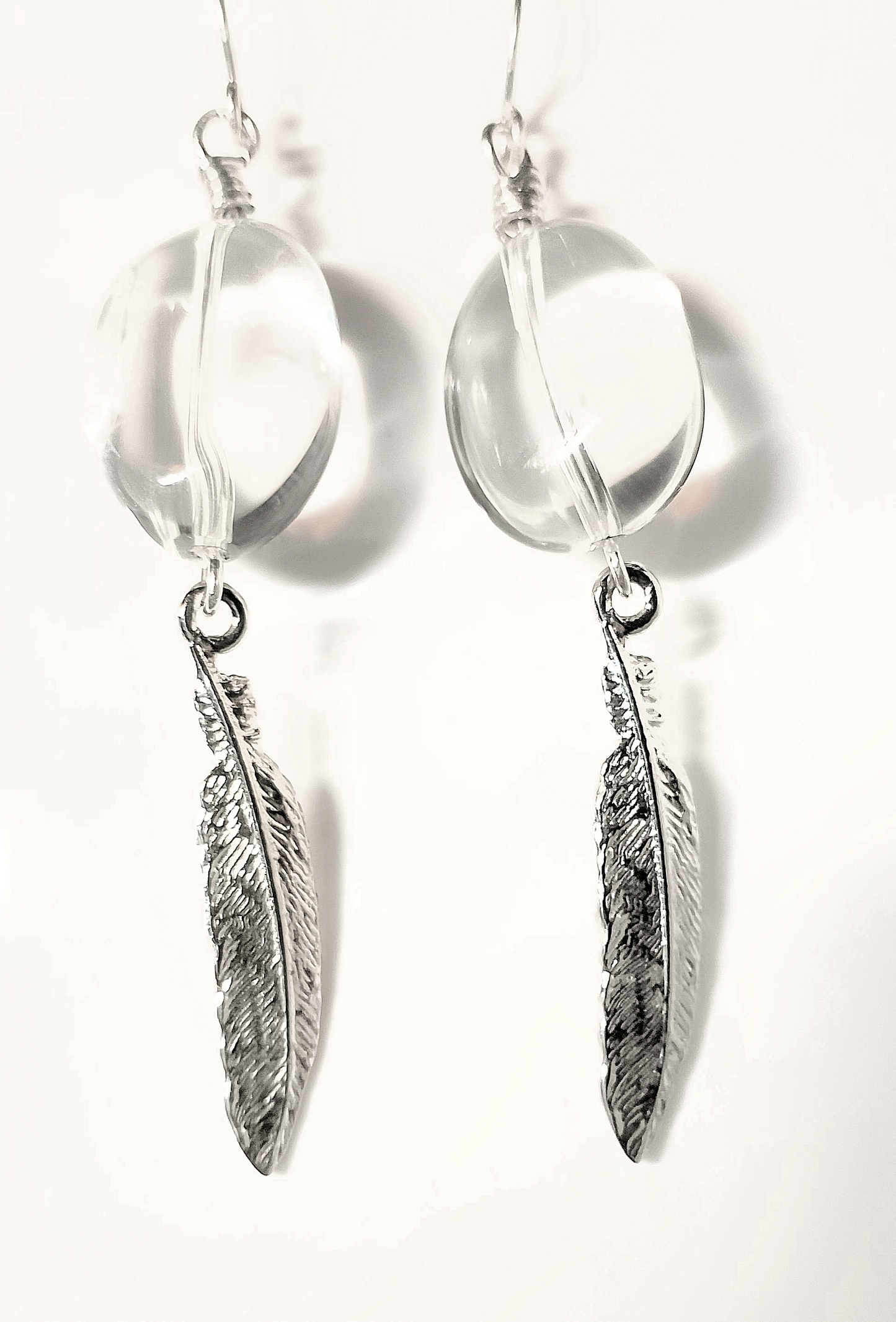Clear Rock Crystal Quartz Earrings with Sterling Silver-Plated Pewter Feather Drop