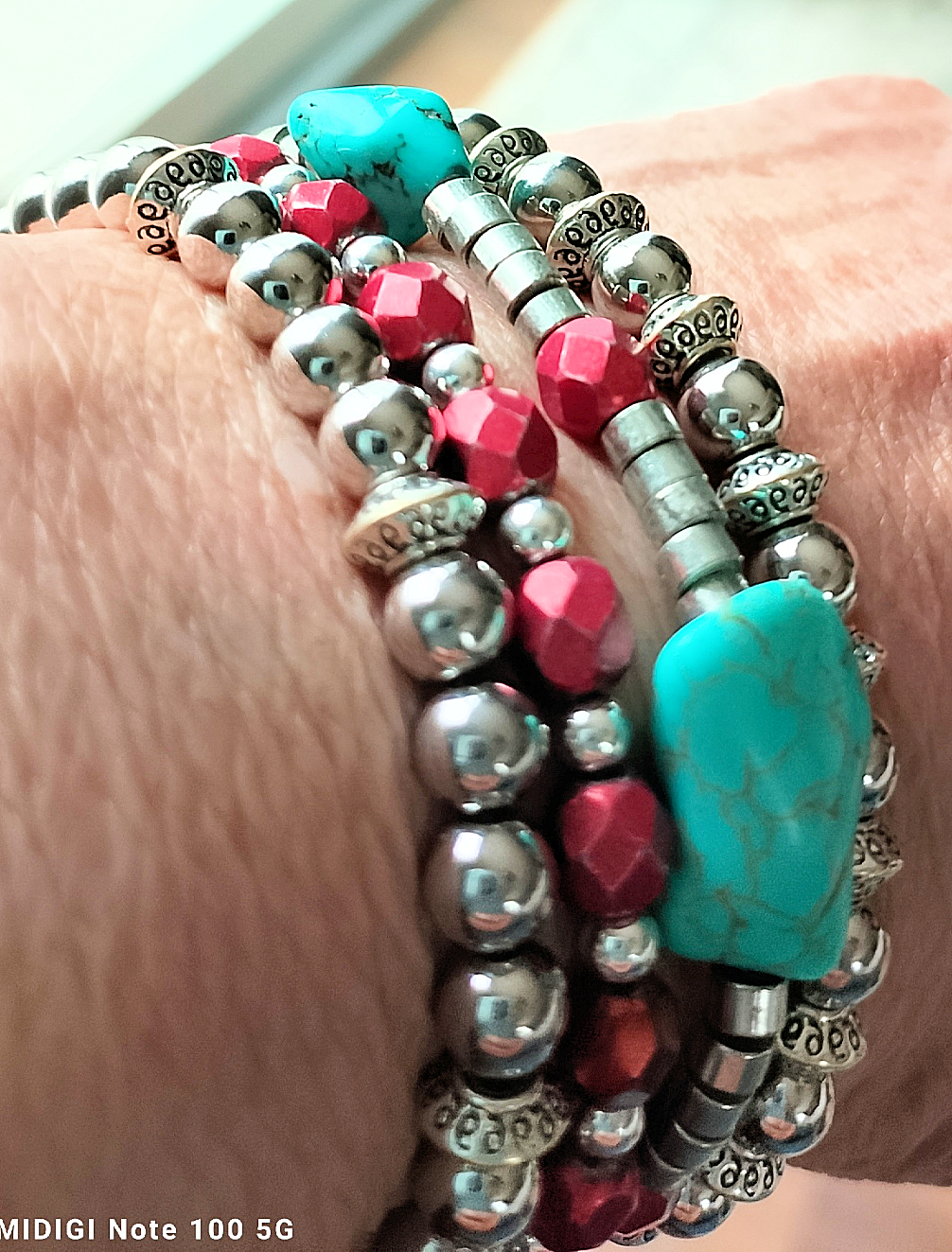 Natural Turquoise Stone, Czech Glass & Sterling Silver Beads Five-Strand Bracelet