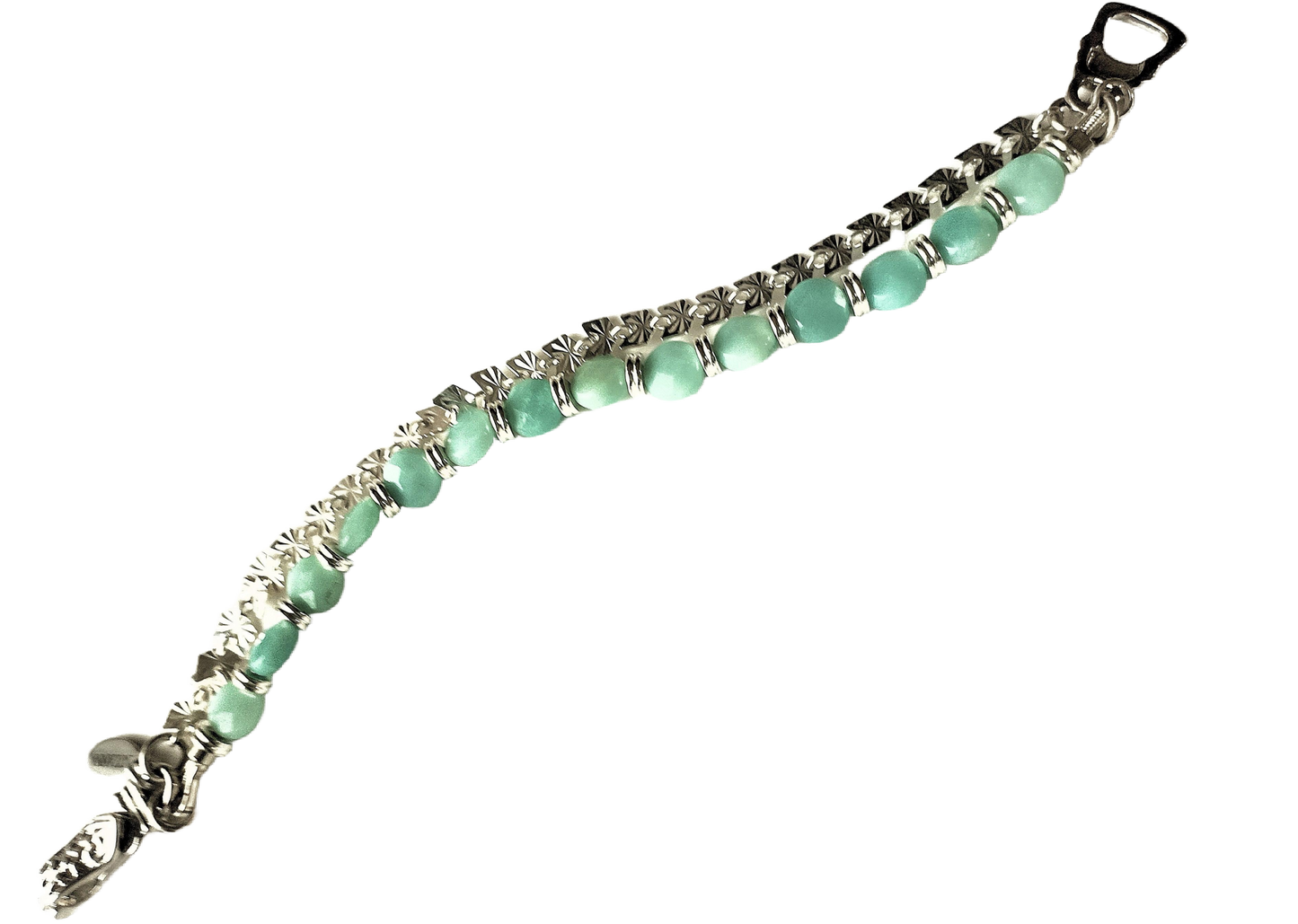 Amazonite Faceted Coin Bead & Sterling Silver Butterfly Chain Two-Strand Bracelet