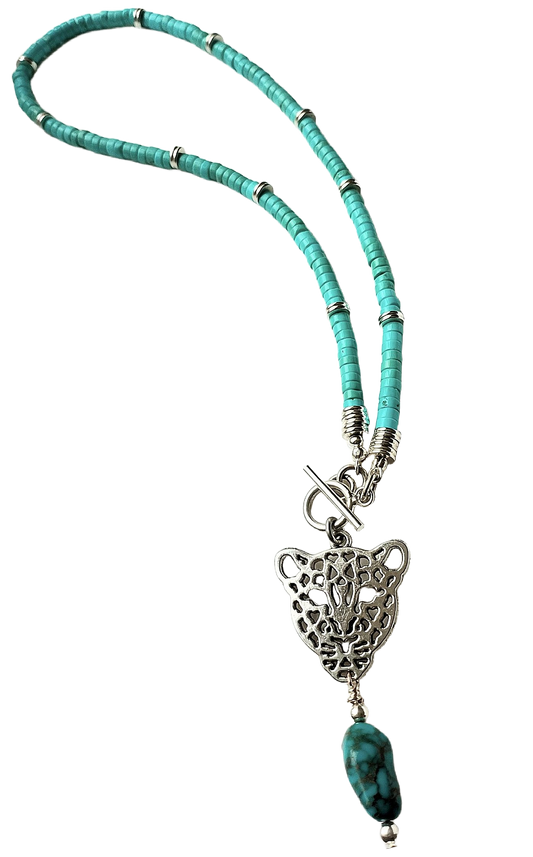 Fearless, Fierce & Fabulous Silver-Plated Leopard Head Pendant with Natural Turquoise Nugget & Heishi Necklace