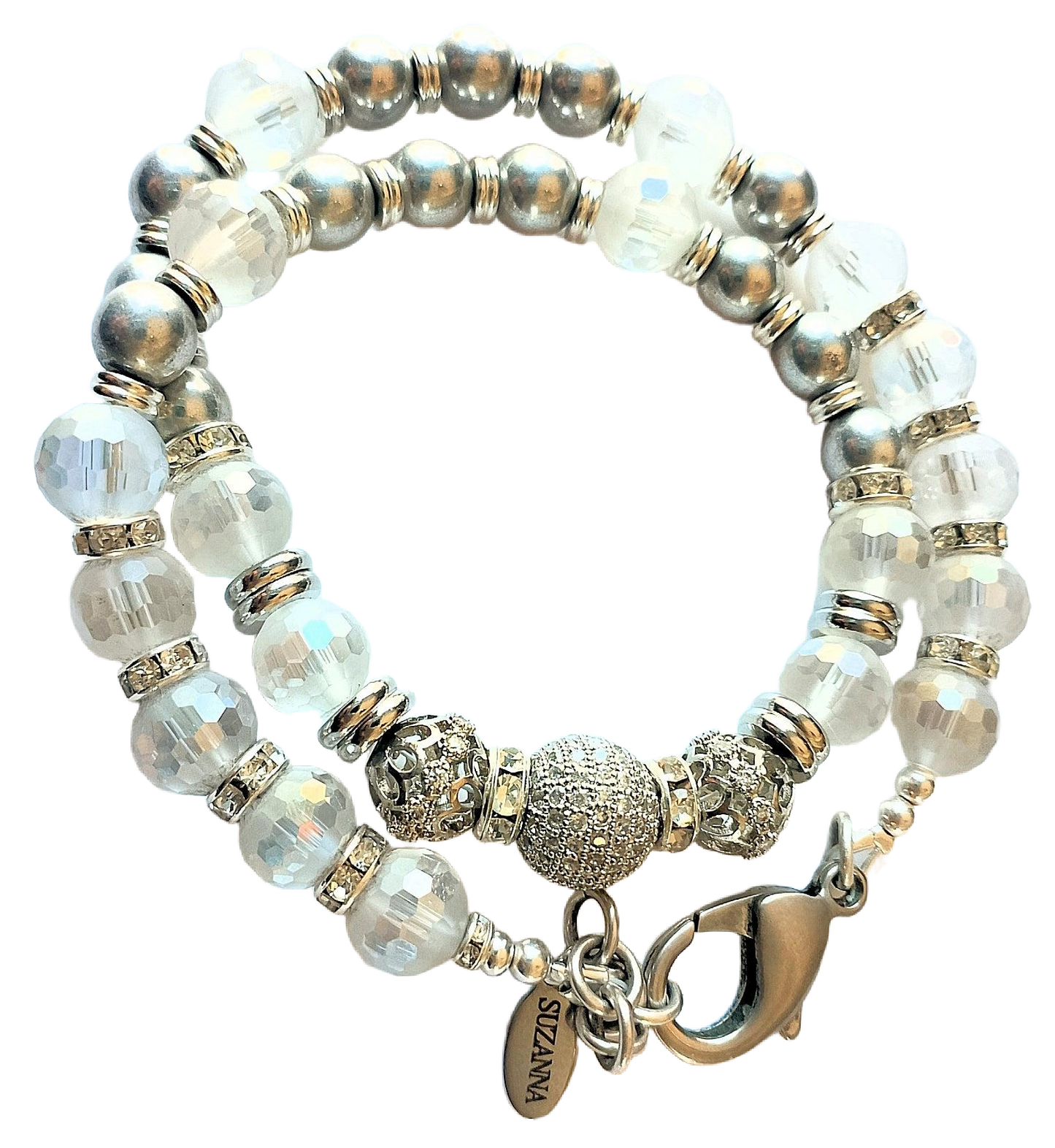 Czech Glass Silver Druk Beads, Faceted Frosted Glass Beads, Rhinestones & Pave Focal Convertible Choker Necklace/Wrap Bracelet