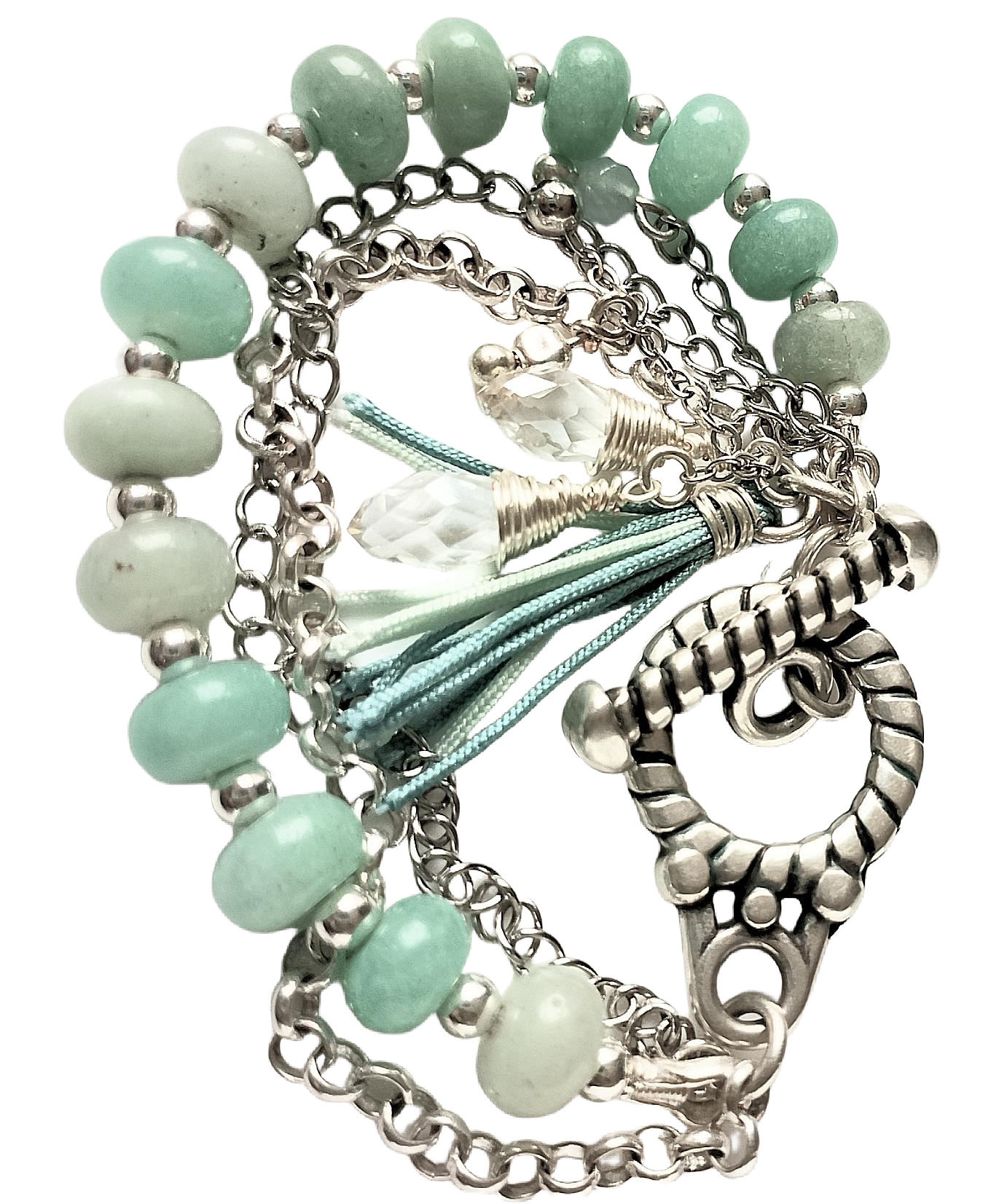 Amazonite Rondelle Bead & Two Chains and Charm Cluster Three-Strand Bracelet