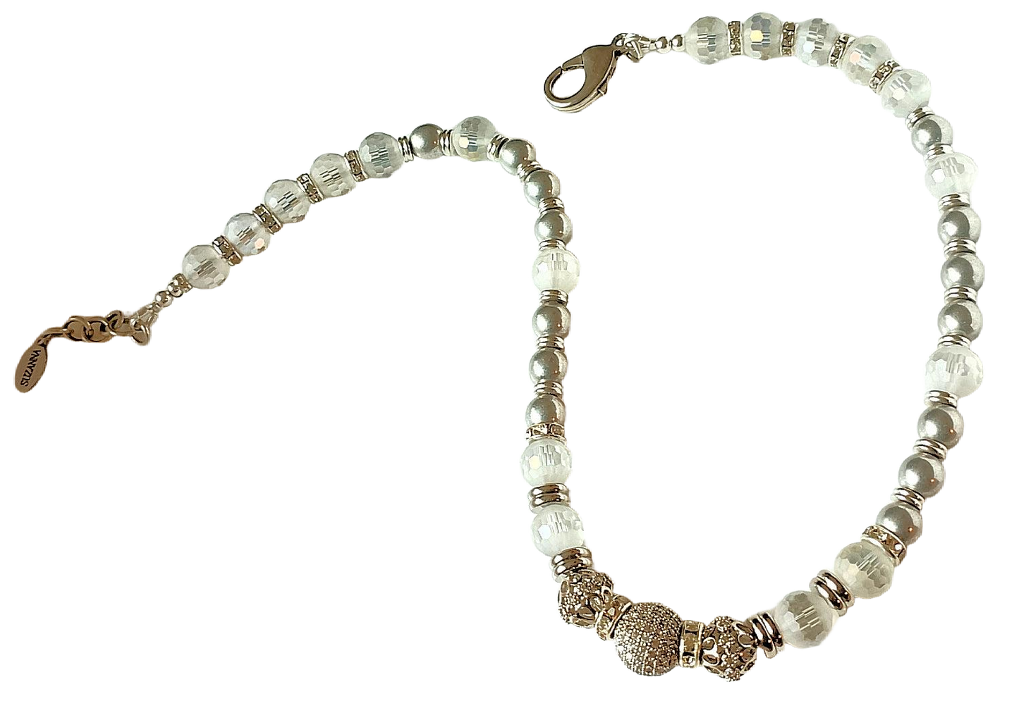 Czech Glass Silver Druk Beads, Faceted Frosted Glass Beads, Rhinestones & Pave Focal Convertible Choker Necklace/Wrap Bracelet