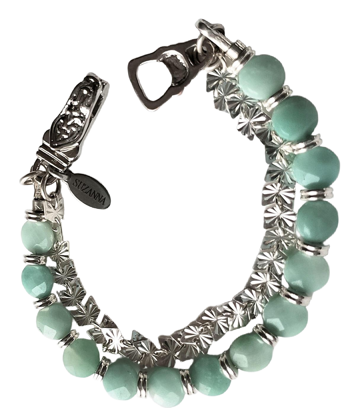Amazonite Faceted Coin Bead & Sterling Silver Butterfly Chain Two-Strand Bracelet