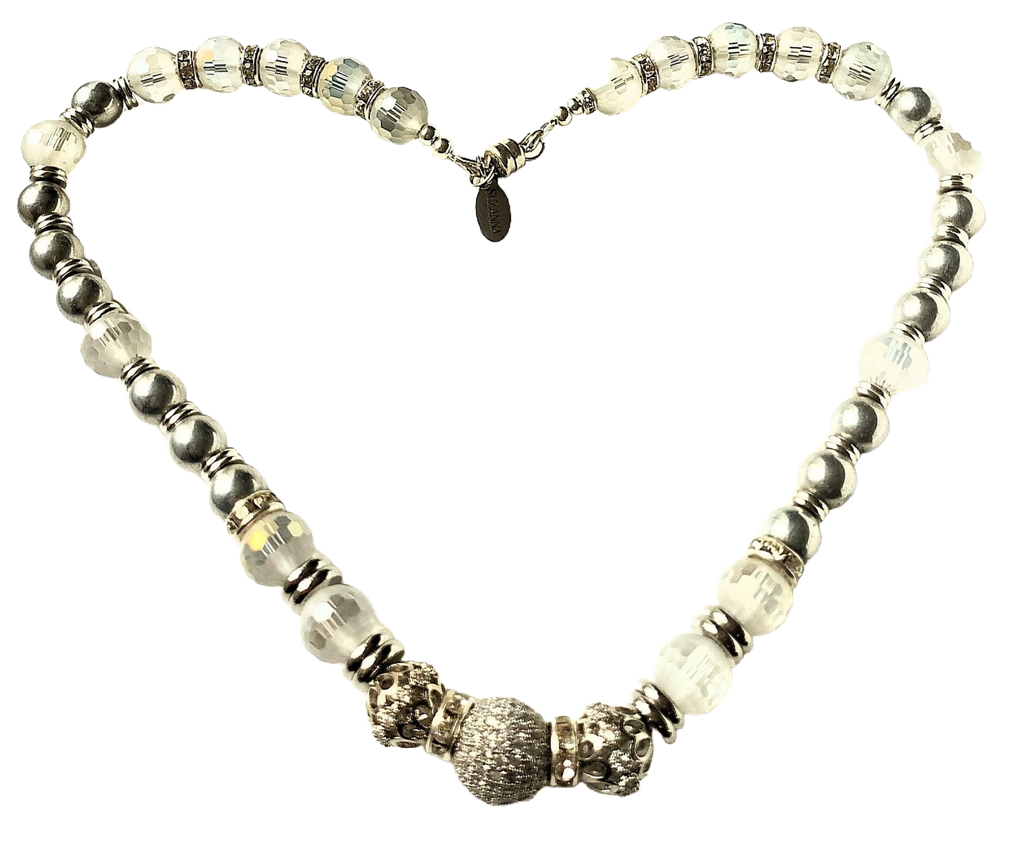 Czech Glass Silver Druk Beads, Faceted Frosted Glass Beads, Rhinestones & Pave Focal Convertible Choker Necklace/Wrap Bracelet