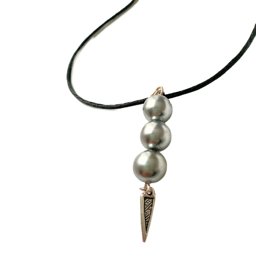Soft Gray Glass Pearl Trio w/Silver Spike Drop Necklace
