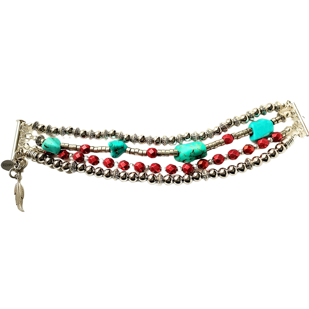 Turquoise, Czech Glass & Sterling Silver Beads Five-Strand Bracelet