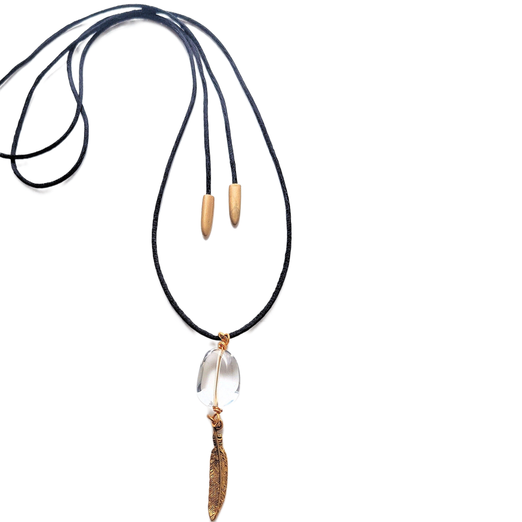 Polished Crystal Quartz & 24k Gold-plated Pewter Feather Pendant Necklace