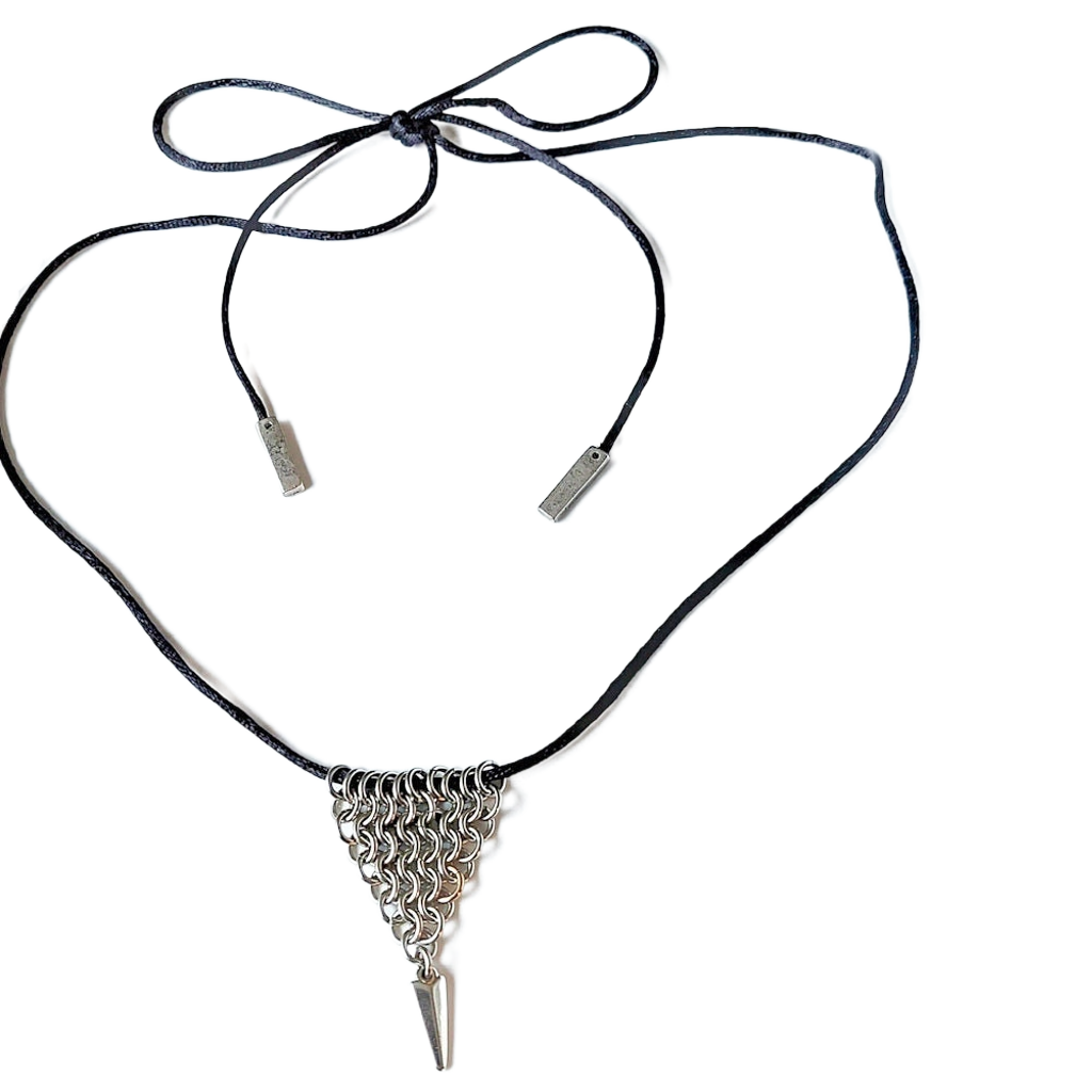 Stainless Steel Chain Maille Leaf/Half-Diamond Pendant w/Silver Spike & Bolo Tie Necklace