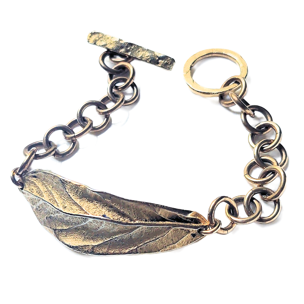 24k Gold-plated Pewter Leaf & Brass Chain Bracelet