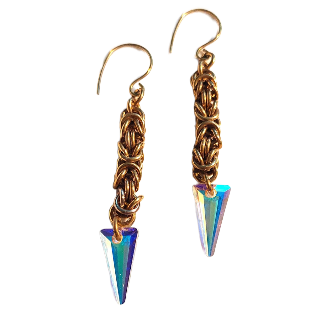 Swarovski Spike Crystal Brass Byzantine Chain Maille Earrings