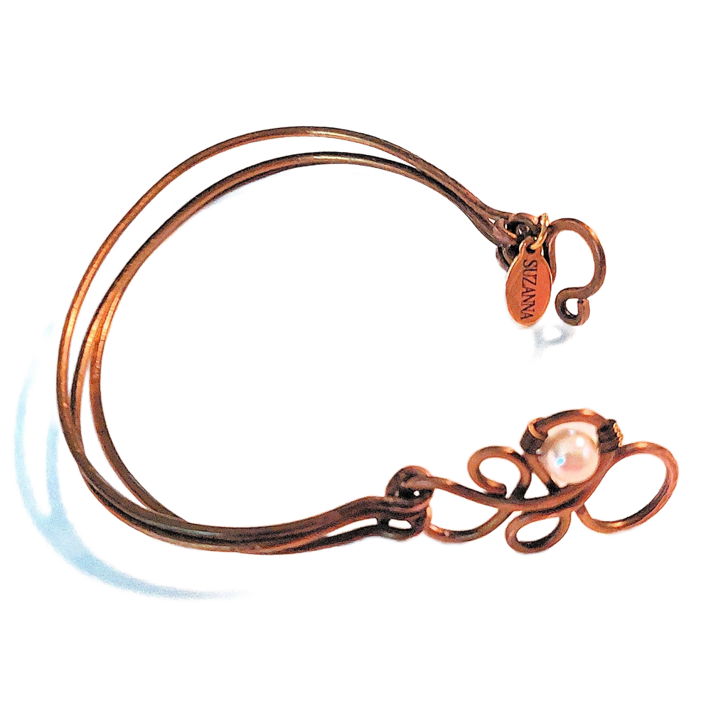 Triple Bangle Vintage Bronze Freeform Focal/Clasp with Swarovski Crystal Pearl Bracelet OOAK