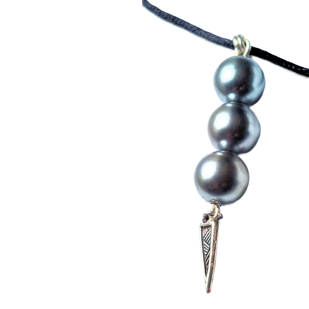 Soft Gray Glass Pearl Trio w/Silver Spike Drop Necklace