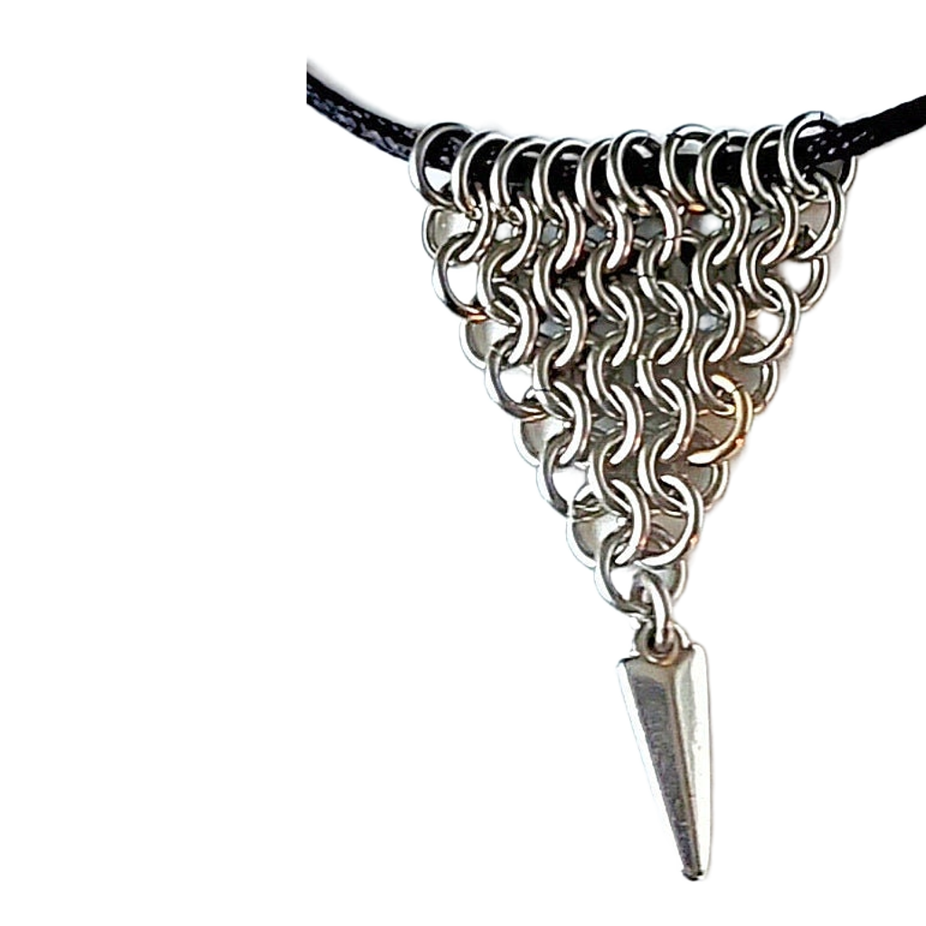 Stainless Steel Chain Maille Leaf/Half-Diamond Pendant w/Silver Spike & Bolo Tie Necklace