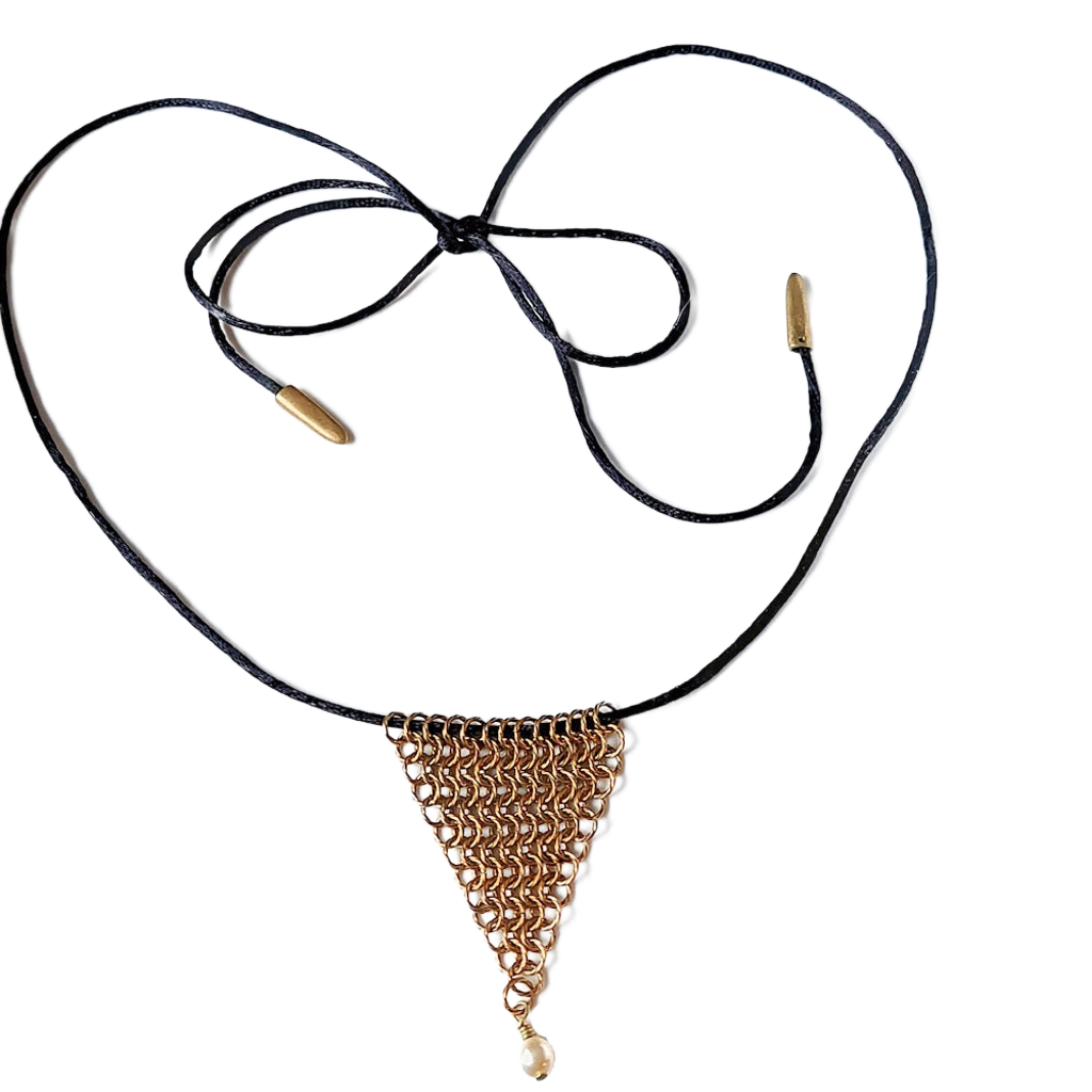 Twisted Brass Chain Maille Leaf Pendant Necklace with Cream Rose Swarovski Pearl Drop