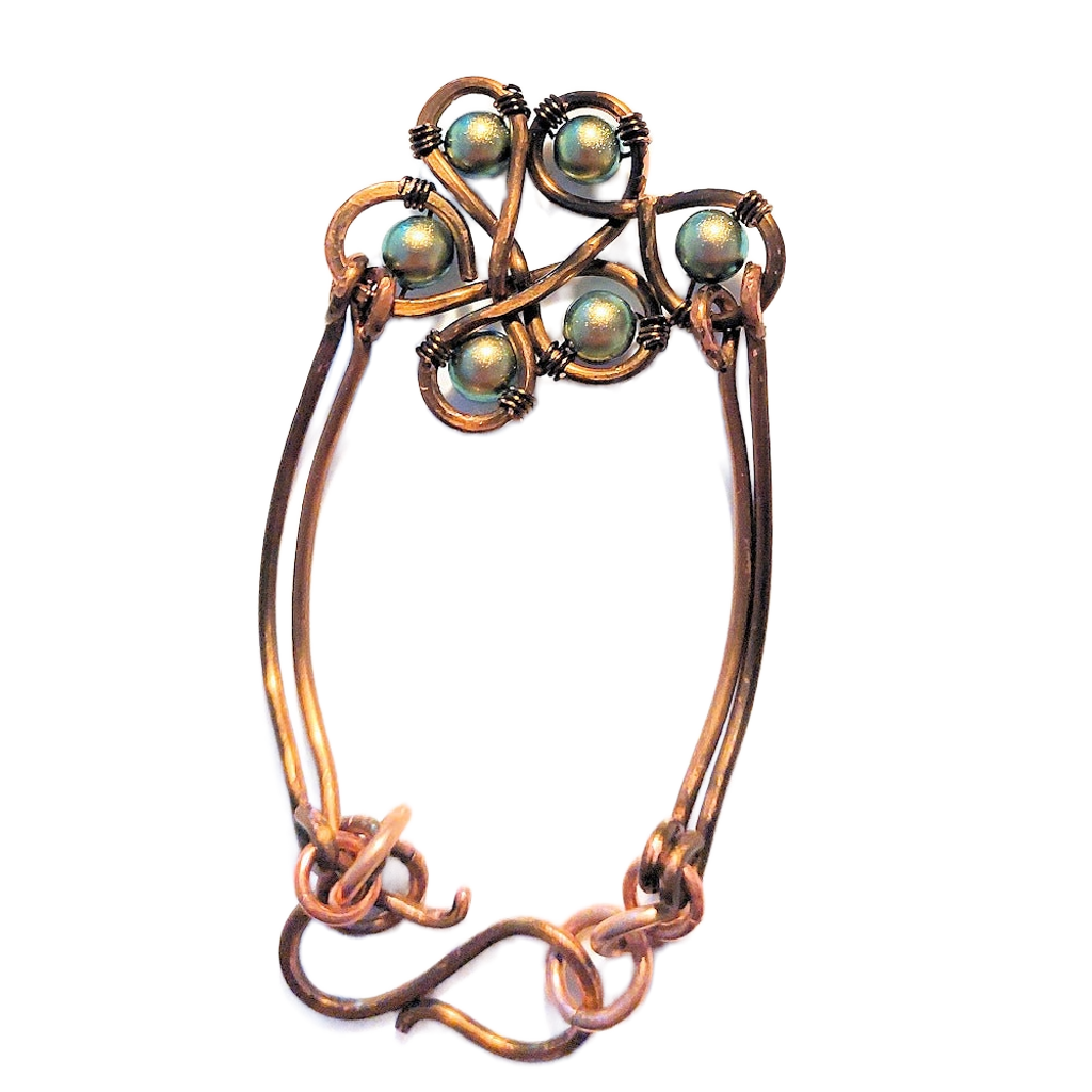 Vintage Bronze Articulated Double Bangle with Six Iridescent Green Swarovski Pearl Bracelet OOAK