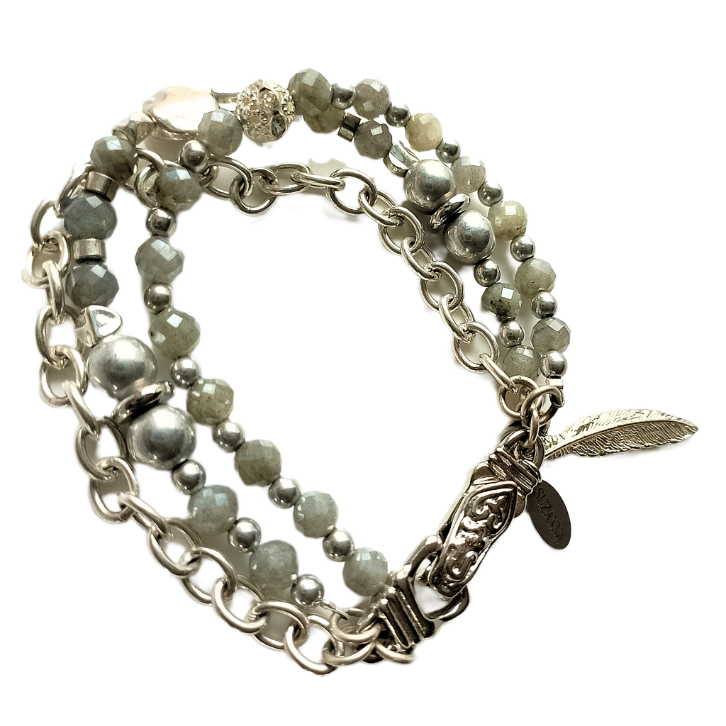 Faceted Labradorite, Silver Druk Czech Glass Beads. Silver Chain & Sterling Silver beads Three-Strand Bracelet