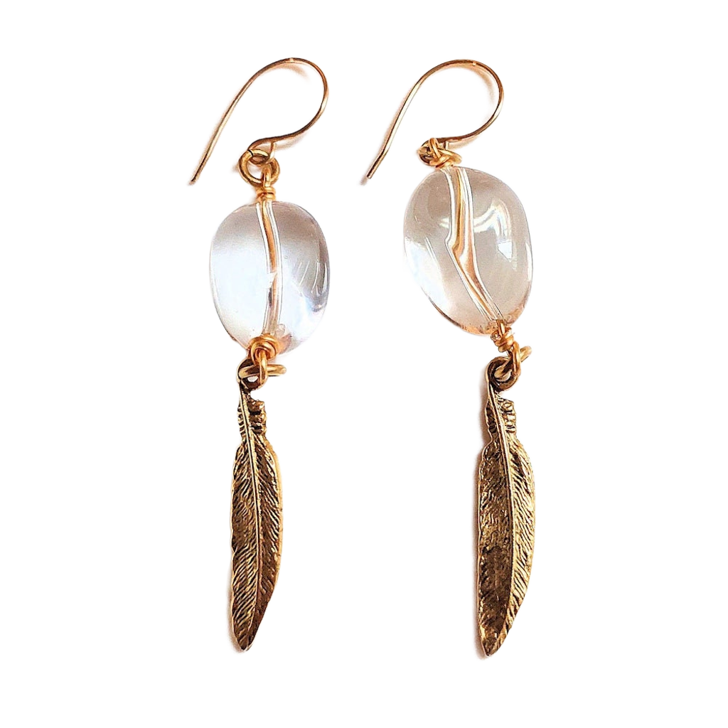 Polished Crystal Quartz & Golden Feather Earrings