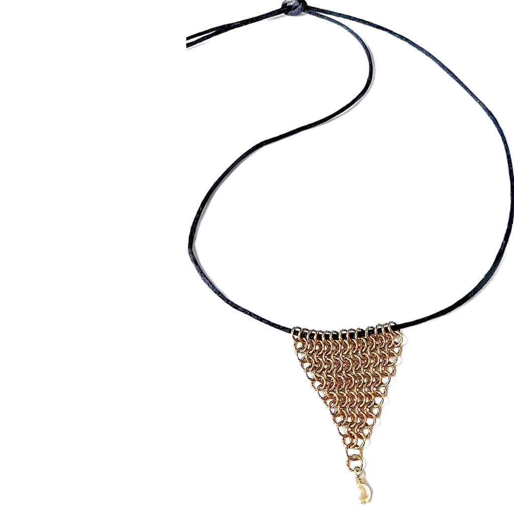Twisted Brass Chain Maille Leaf Pendant Necklace with Cream Rose Swarovski Pearl Drop