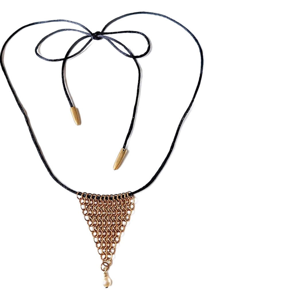 Twisted Brass Chain Maille Leaf Pendant Necklace with Cream Rose Swarovski Pearl Drop