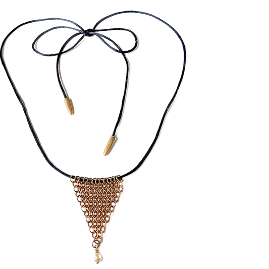 Twisted Brass Chain Maille Leaf Pendant Necklace with Cream Rose Swarovski Pearl Drop