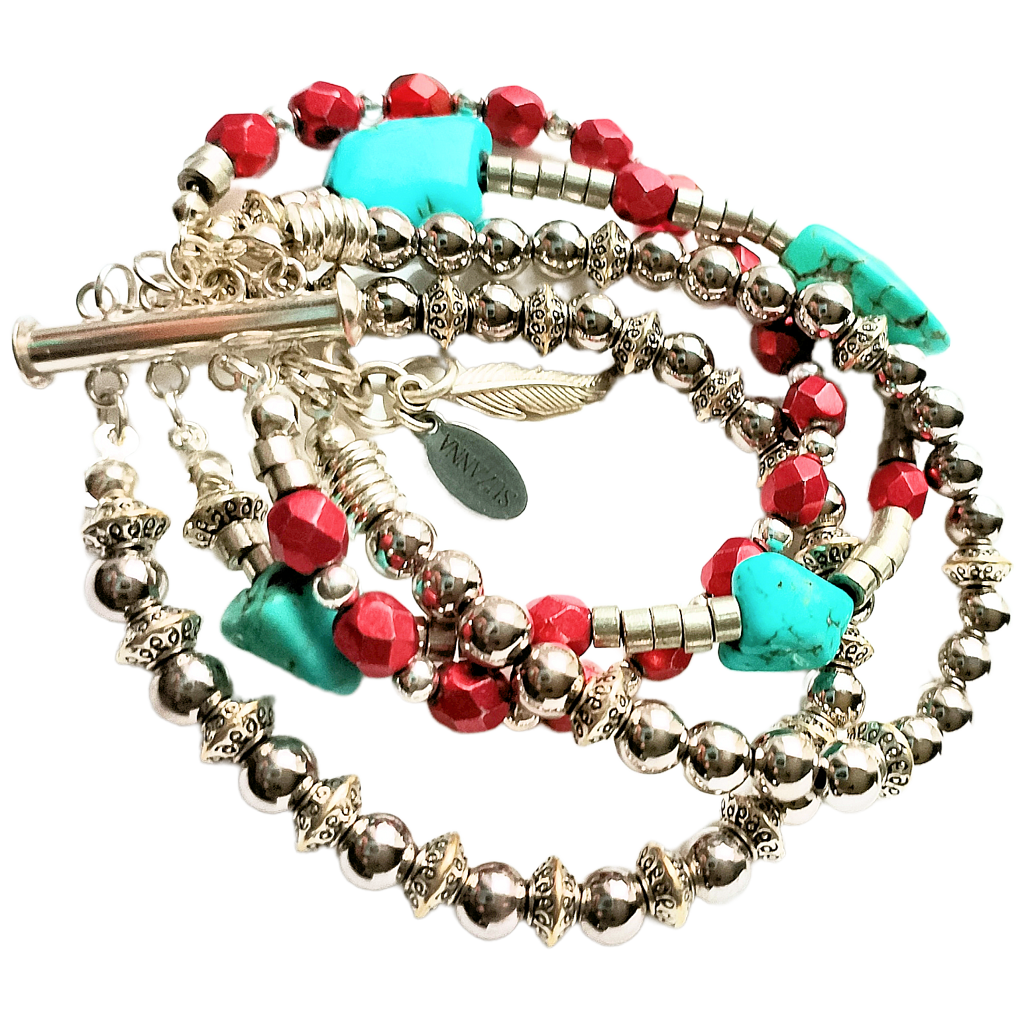 Turquoise, Czech Glass & Sterling Silver Beads Five-Strand Bracelet