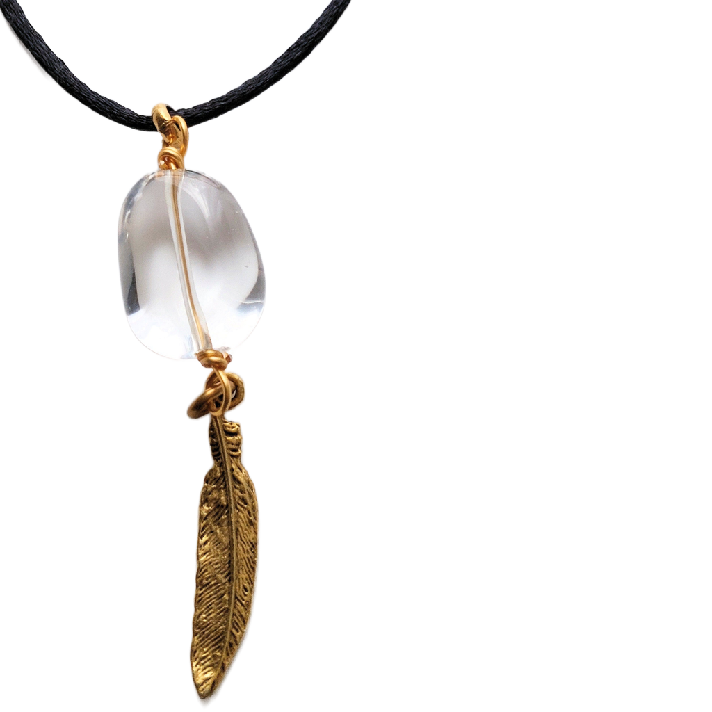 Polished Crystal Quartz & 24k Gold-plated Pewter Feather Pendant Necklace