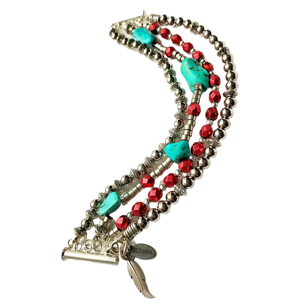 Natural Turquoise Stone, Czech Glass & Sterling Silver Beads Five-Strand Bracelet