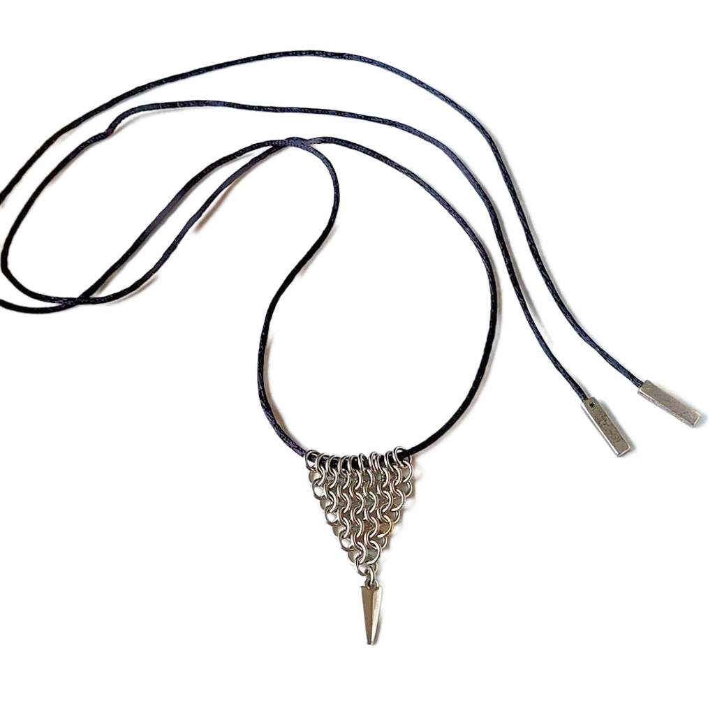 Stainless Steel Chain Maille Leaf/Half-Diamond Pendant w/Silver Spike & Bolo Tie Necklace
