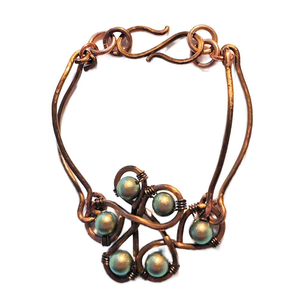 Vintage Bronze Articulated Double Bangle with Six Iridescent Green Swarovski Pearl Bracelet OOAK