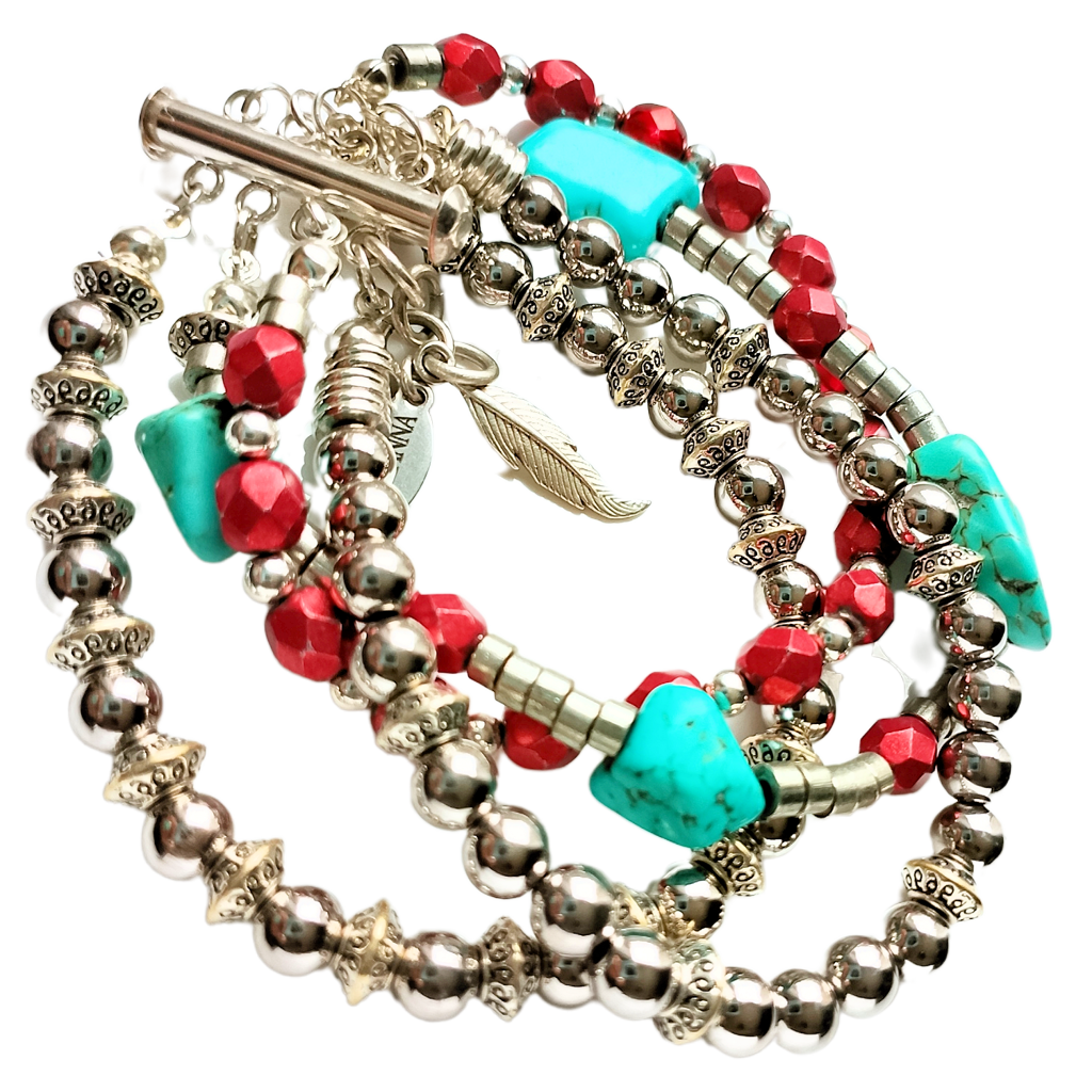 Turquoise, Czech Glass & Sterling Silver Beads Five-Strand Bracelet