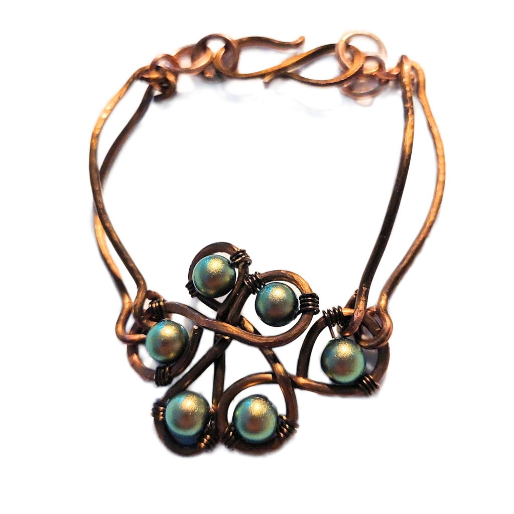 Vintage Bronze Articulated Double Bangle with Six Iridescent Green Swarovski Pearl Bracelet OOAK