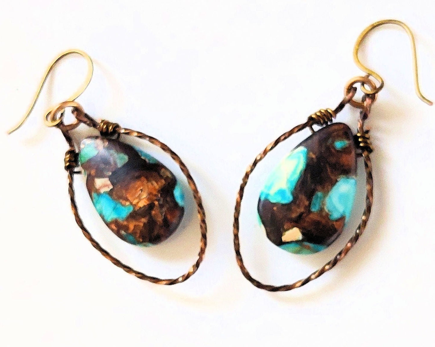 Teal Impression Jasper & Bronzite Teardrop in Twisted Wire Frame Earrings