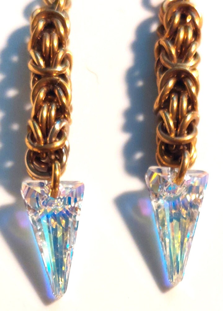 Swarovski Spike Crystal Brass Byzantine Chain Maille Earrings
