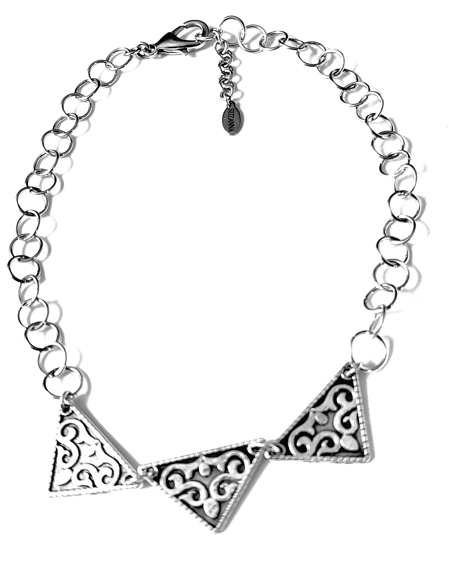 Trio of Antique Silver-plated Ethnic Triangle Pendants with Aluminum 1-in-1 Chain Choker Necklace OOAK