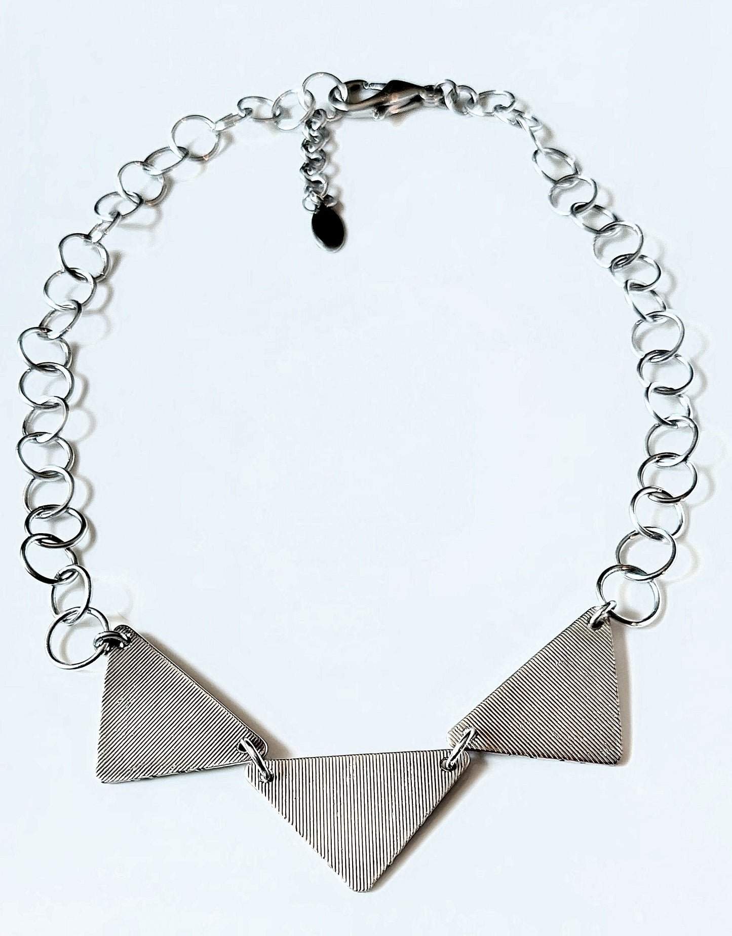 Trio of Antique Silver-plated Ethnic Triangle Pendants with Aluminum 1-in-1 Chain Choker Necklace OOAK