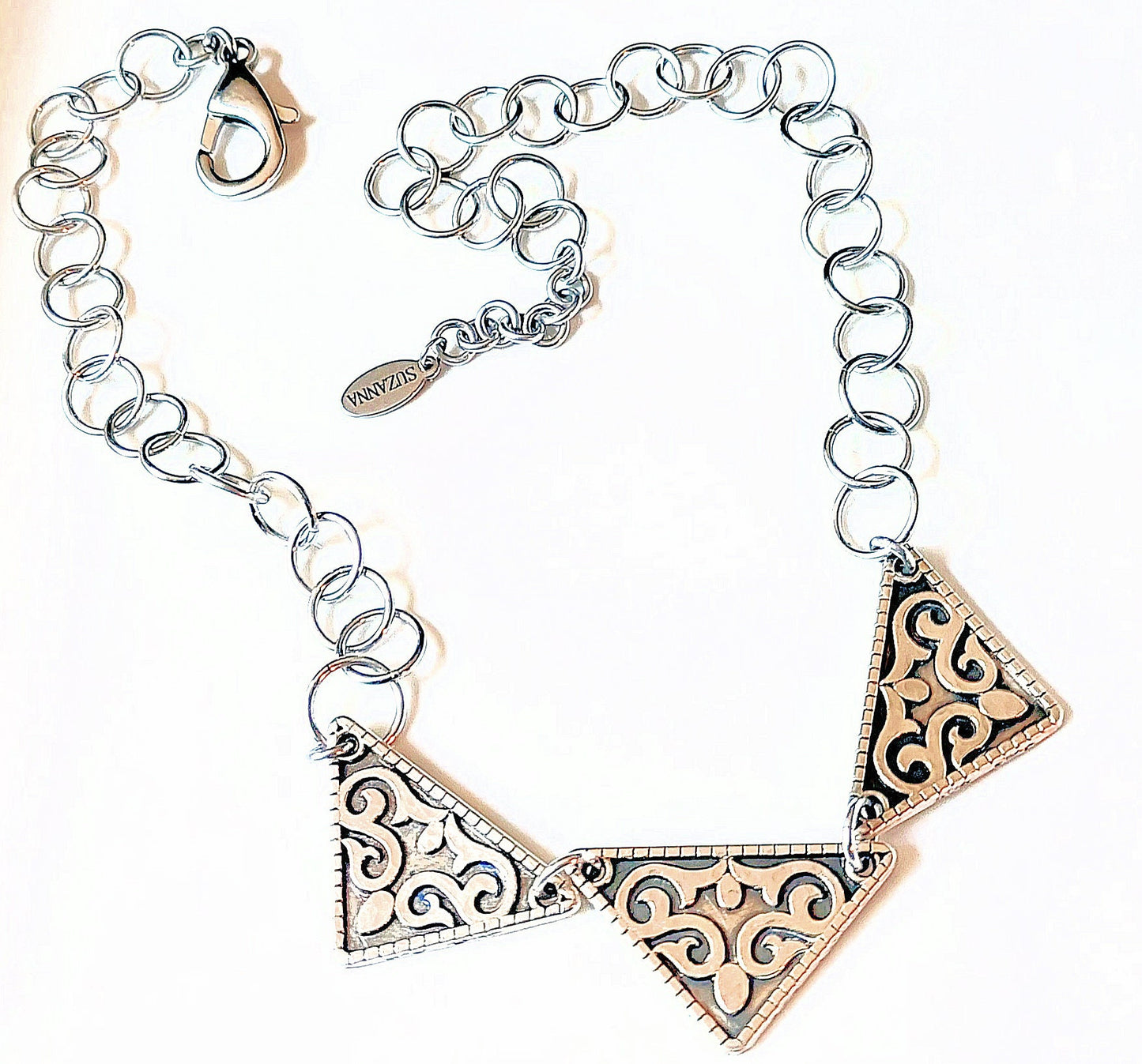 Trio of Antique Silver-plated Ethnic Triangle Pendants with Aluminum 1-in-1 Chain Choker Necklace OOAK