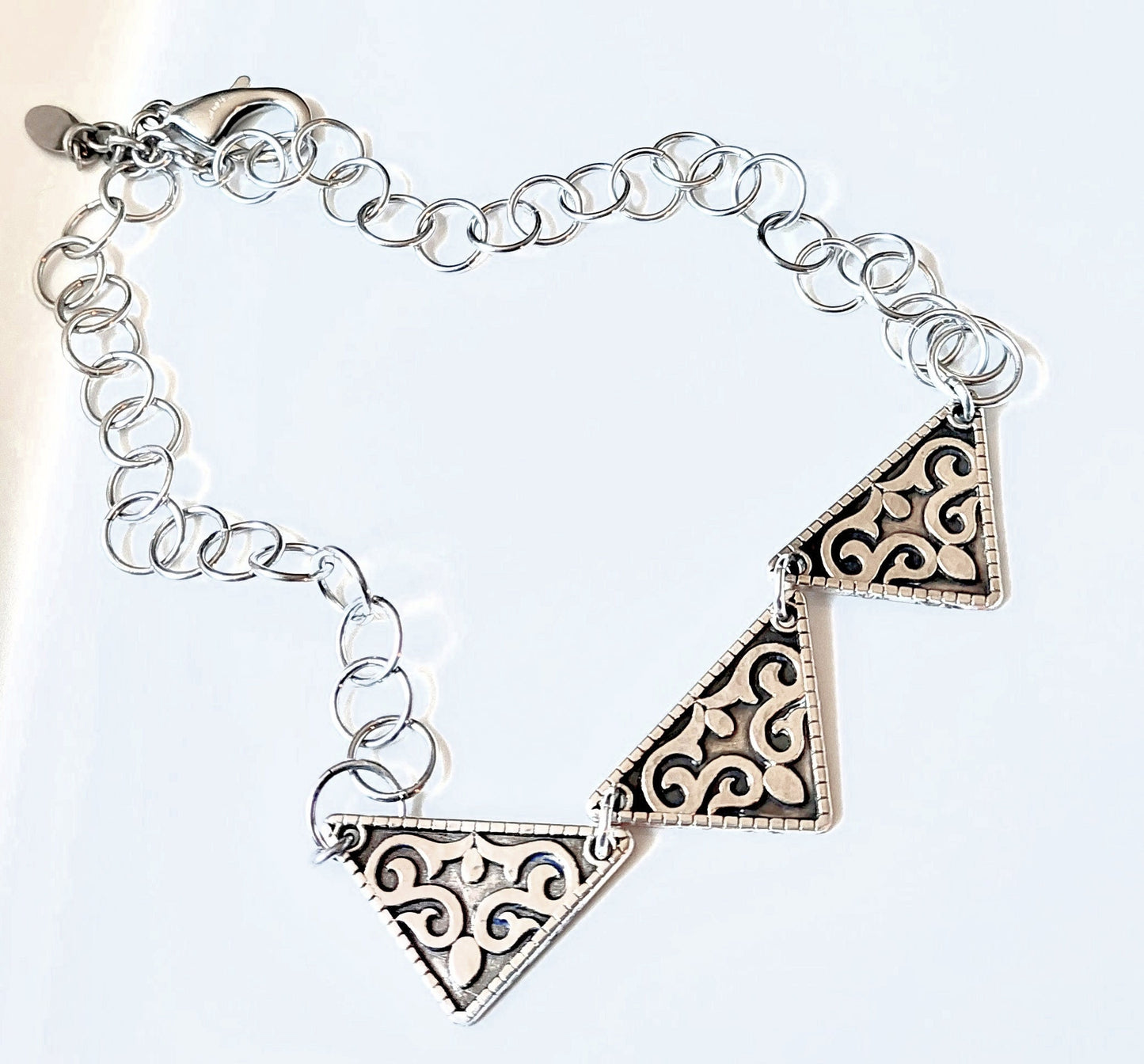Trio of Antique Silver-plated Ethnic Triangle Pendants with Aluminum 1-in-1 Chain Choker Necklace OOAK