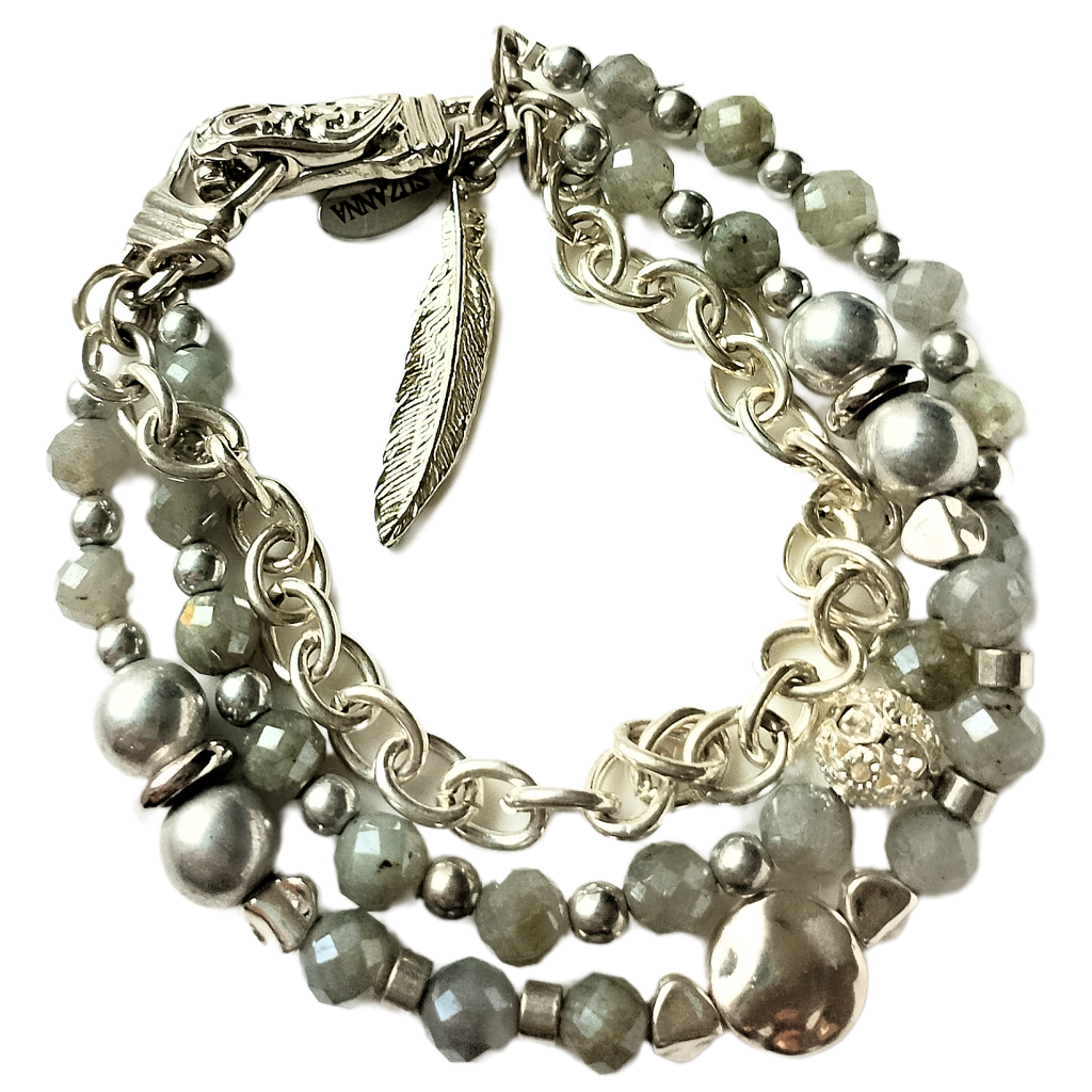 Faceted Labradorite, Silver Druk Czech Glass Beads. Silver Chain & Sterling Silver beads Three-Strand Bracelet