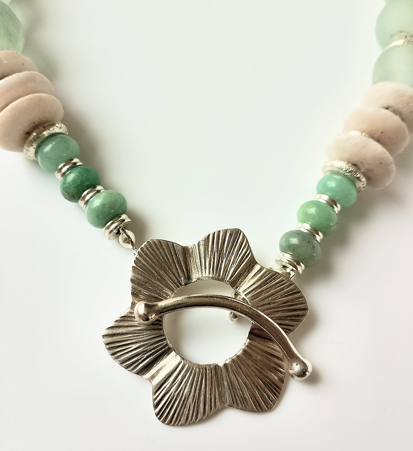 African Ashanti & Krobo Recycled Glass Beads with Amazonite Rondelles Choker Necklace