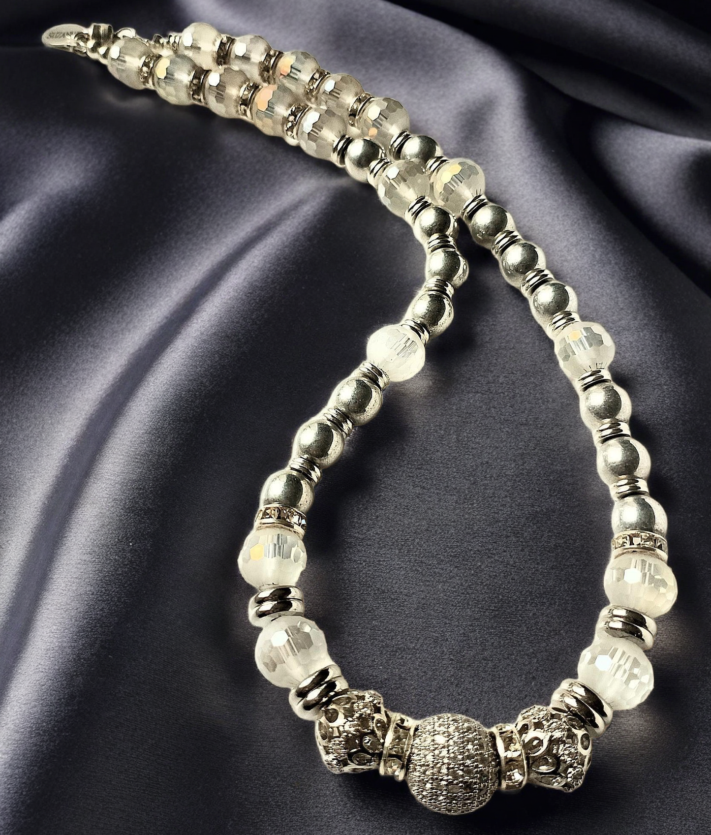 Czech Glass Silver Druk Beads, Faceted Frosted Glass Beads, Rhinestones & Pave Focal Convertible Choker Necklace/Wrap Bracelet